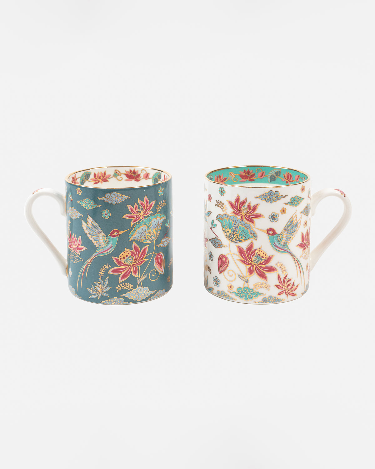 Set of 2 fine bone china Padma bird mugs in blue and white with lotus and gold detailing