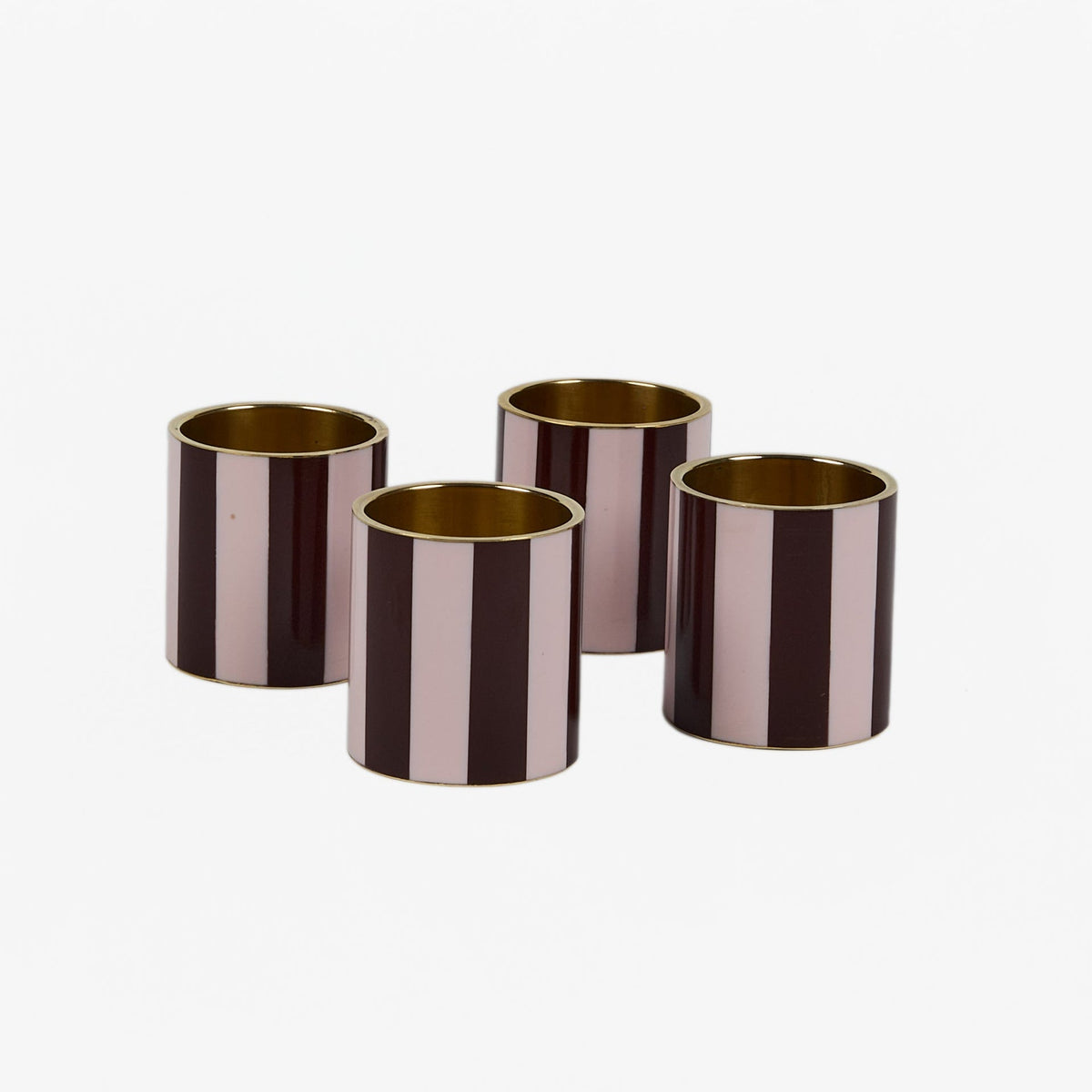 Pale pink and burgundy striped enamel napkin rings with gold-tone rims, set of 4, by Rosie Dalia