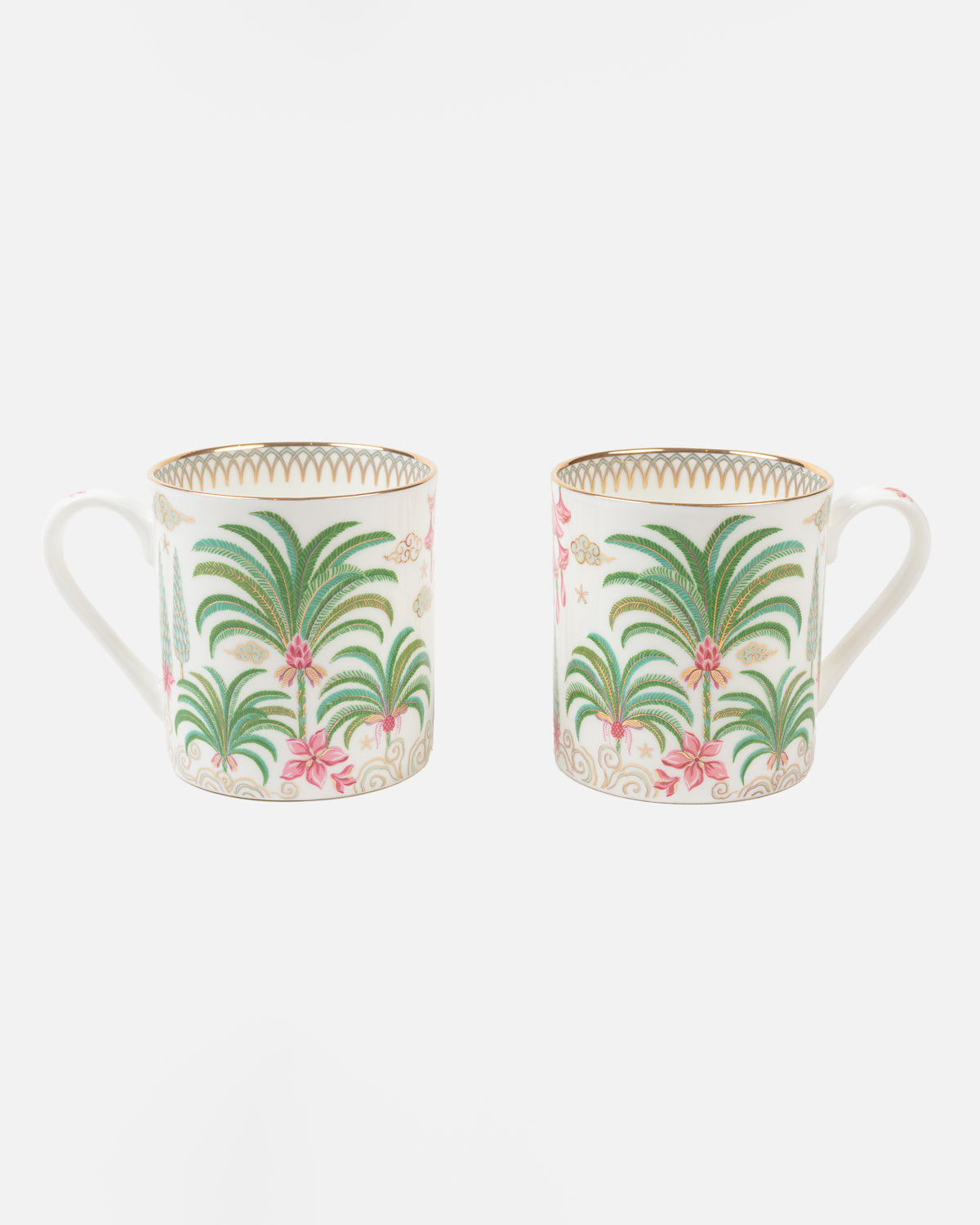 Fine bone china mugs with palm motif in white, set of two