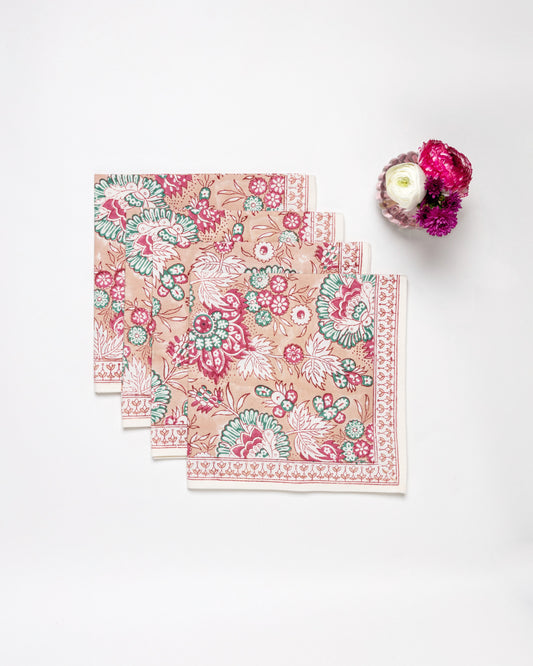 Set of 4 Block Printed Cotton Napkins in Blush Jaipur Flowers