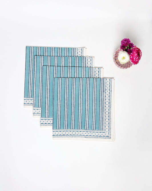 Set of 4 Block Printed Cotton Napkins in Turquoise Stripe