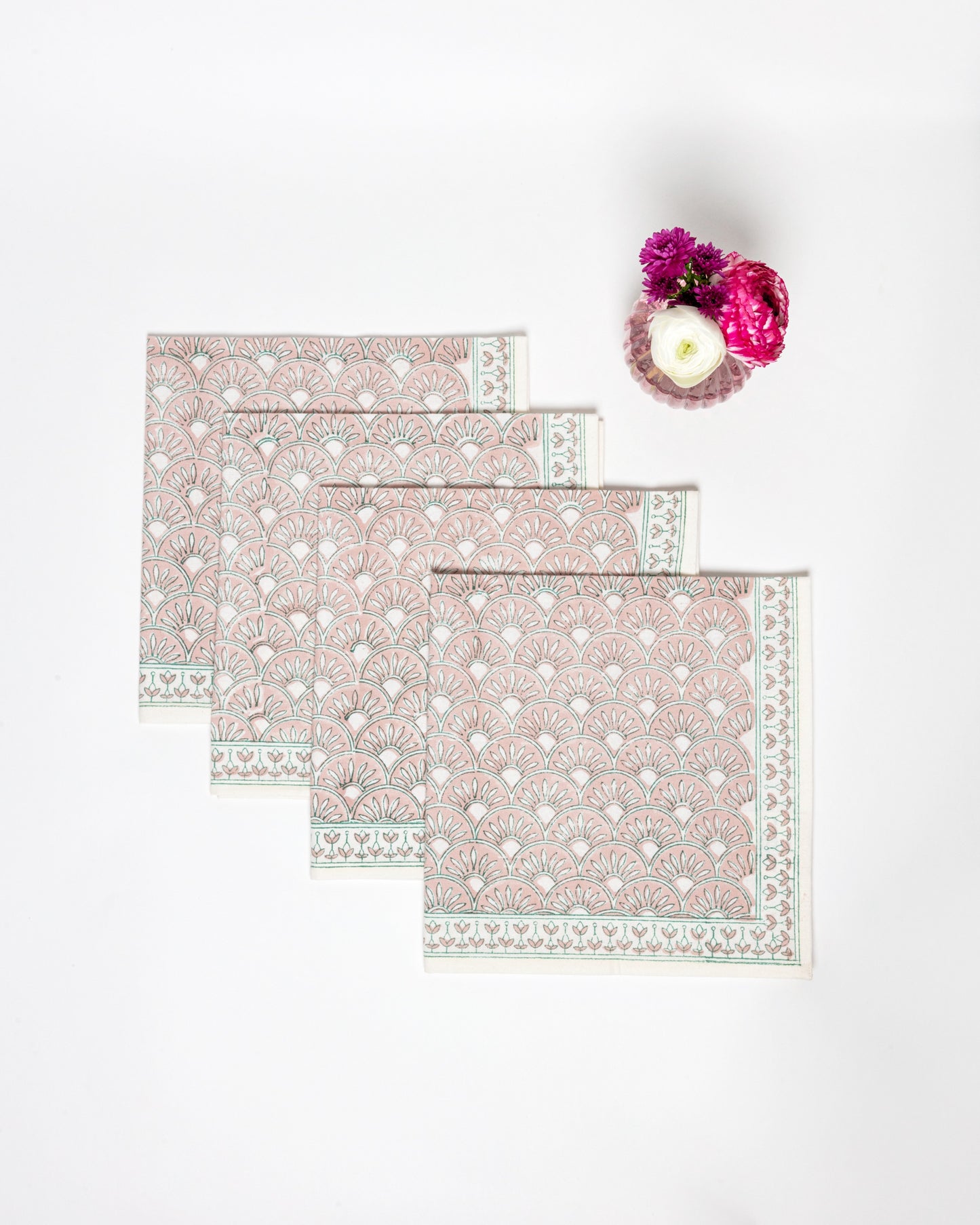 Set of 4 Block Printed Cotton Napkins in Geometric Blush & Turquoise