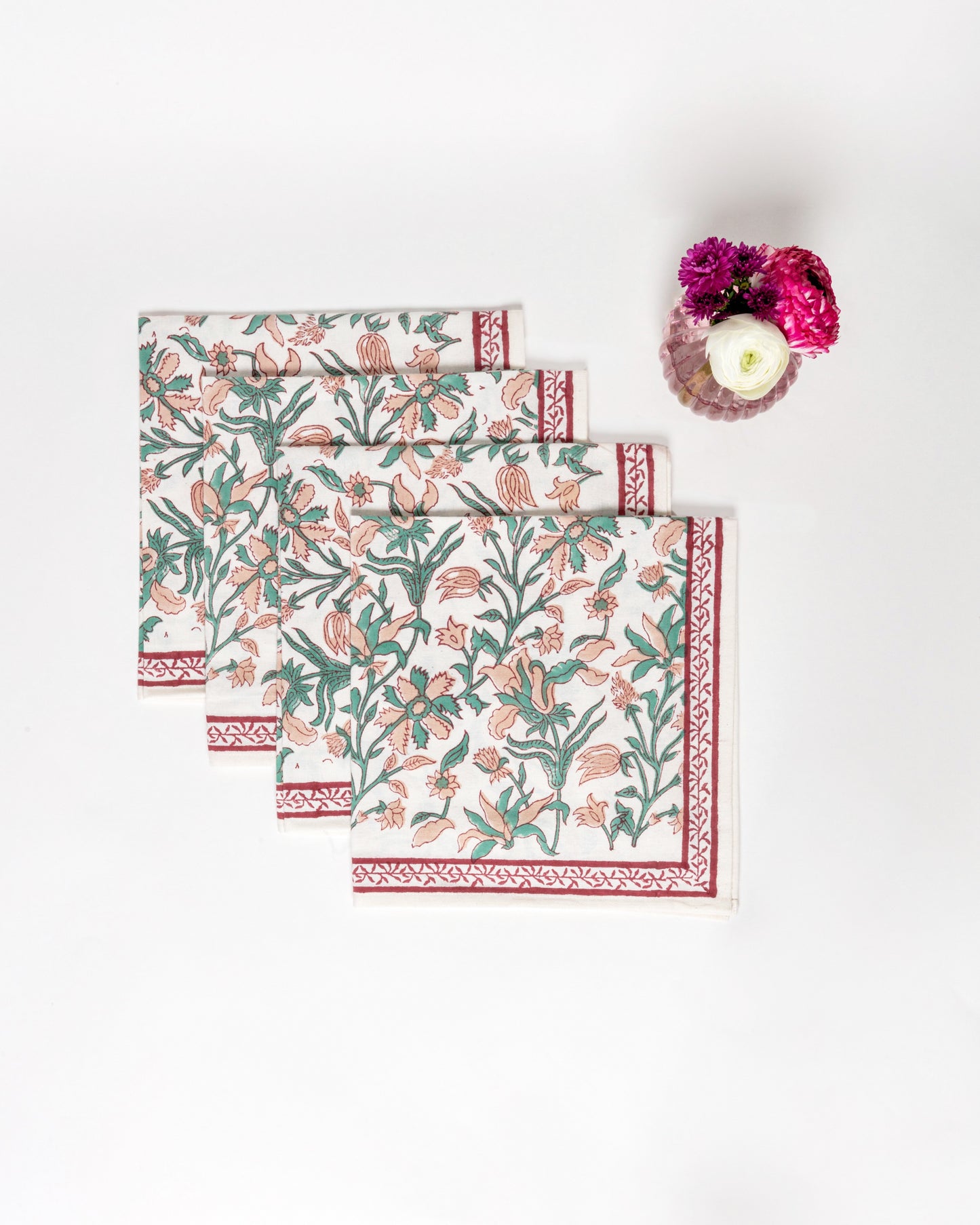 Set of 4 Block Printed Cotton Napkins in Blush Florals