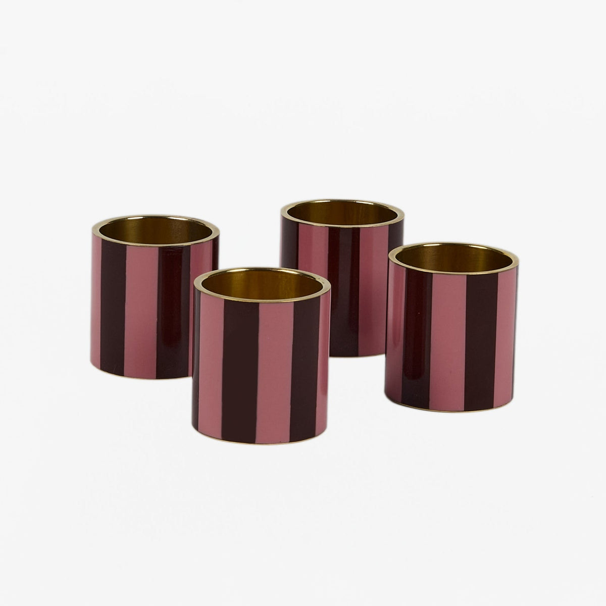 Rose pink and burgundy striped enamel napkin rings with gold-tone rims, set of 4, by Rosie Dalia