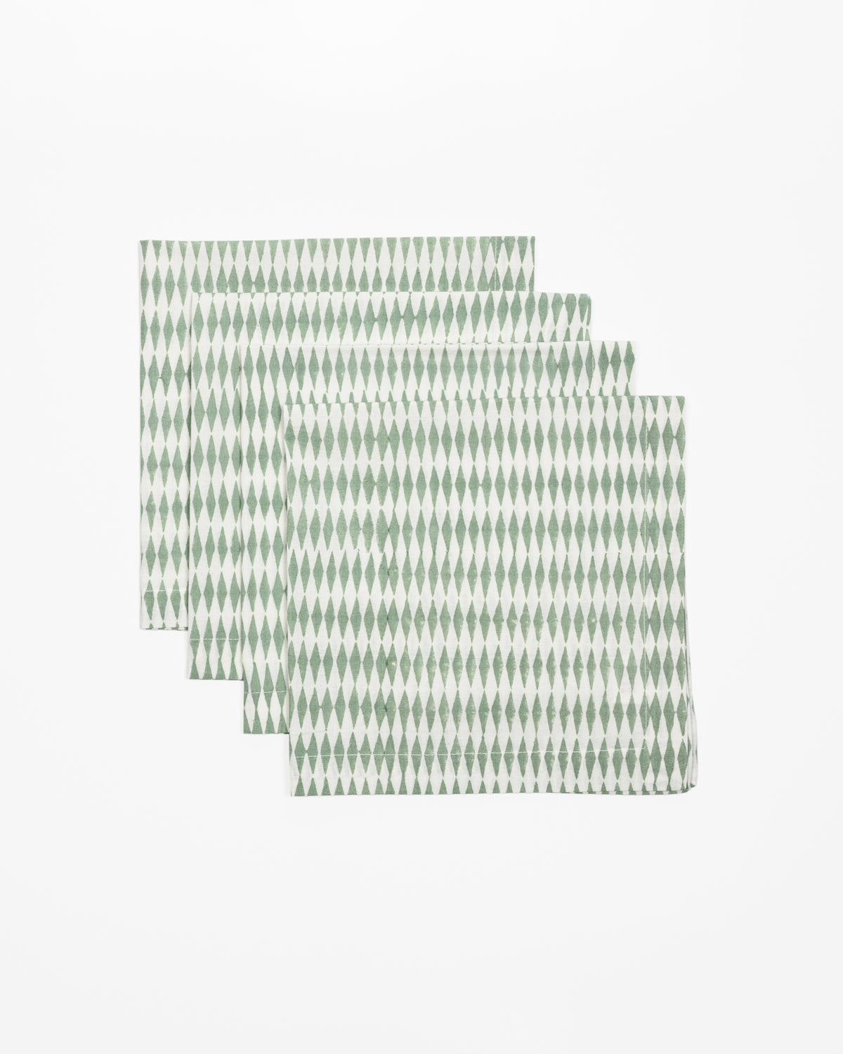 Sage green harlequin pattern block printed cotton napkins, set of 4, folded