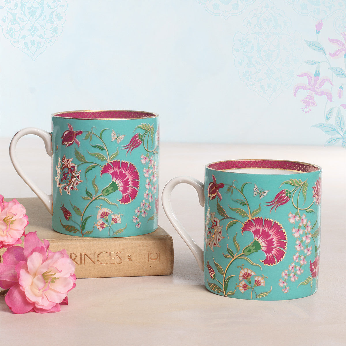 Set of 2 Ambreen Floral Mugs in Aqua