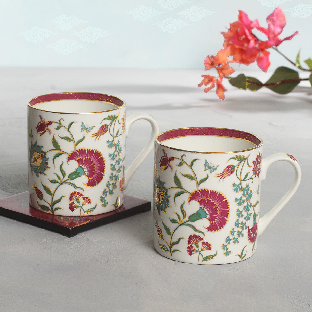 Set of 2 Floral Mugs in White with 24k Gold Details