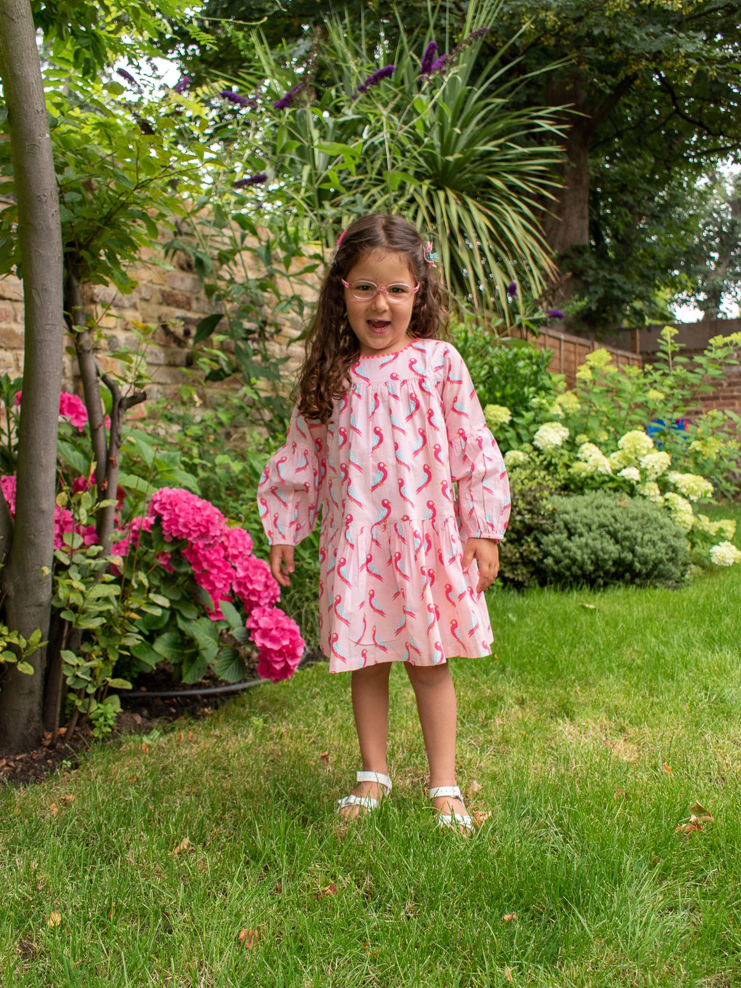 Girls Cotton Party Dress in Pink Parrot Print