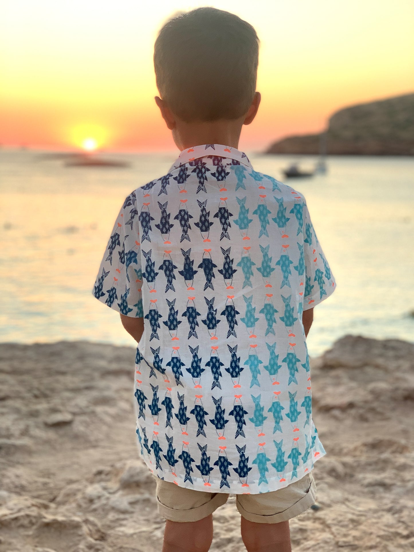 Boys Cotton Shirt in Blue & Aqua Fish Print