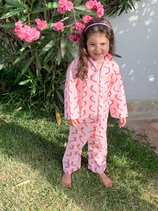 Kids Cotton Pyjamas in Pink Parrot Print