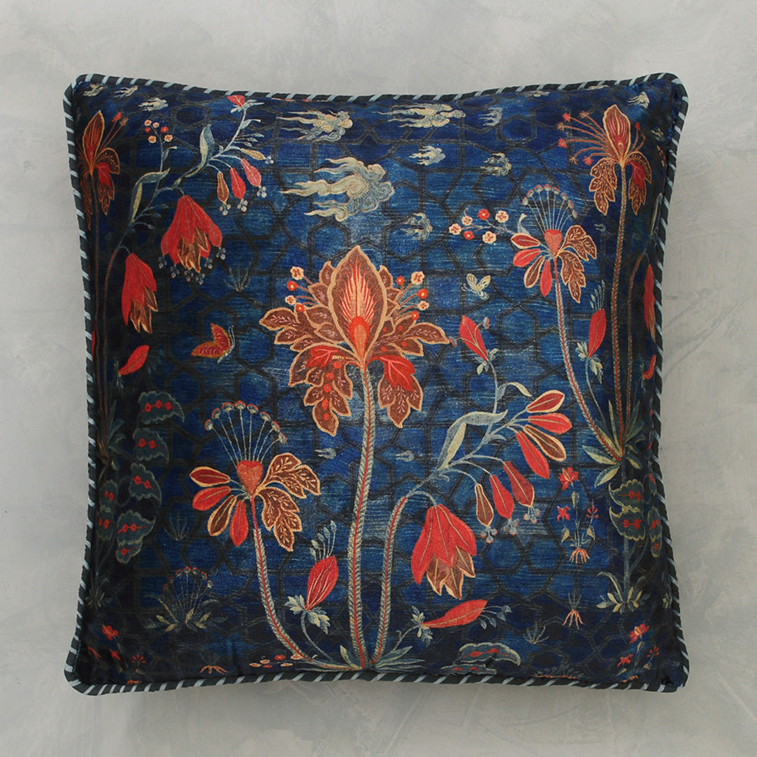 Navy Blue & Burnt Orange Floral Cushion Cover