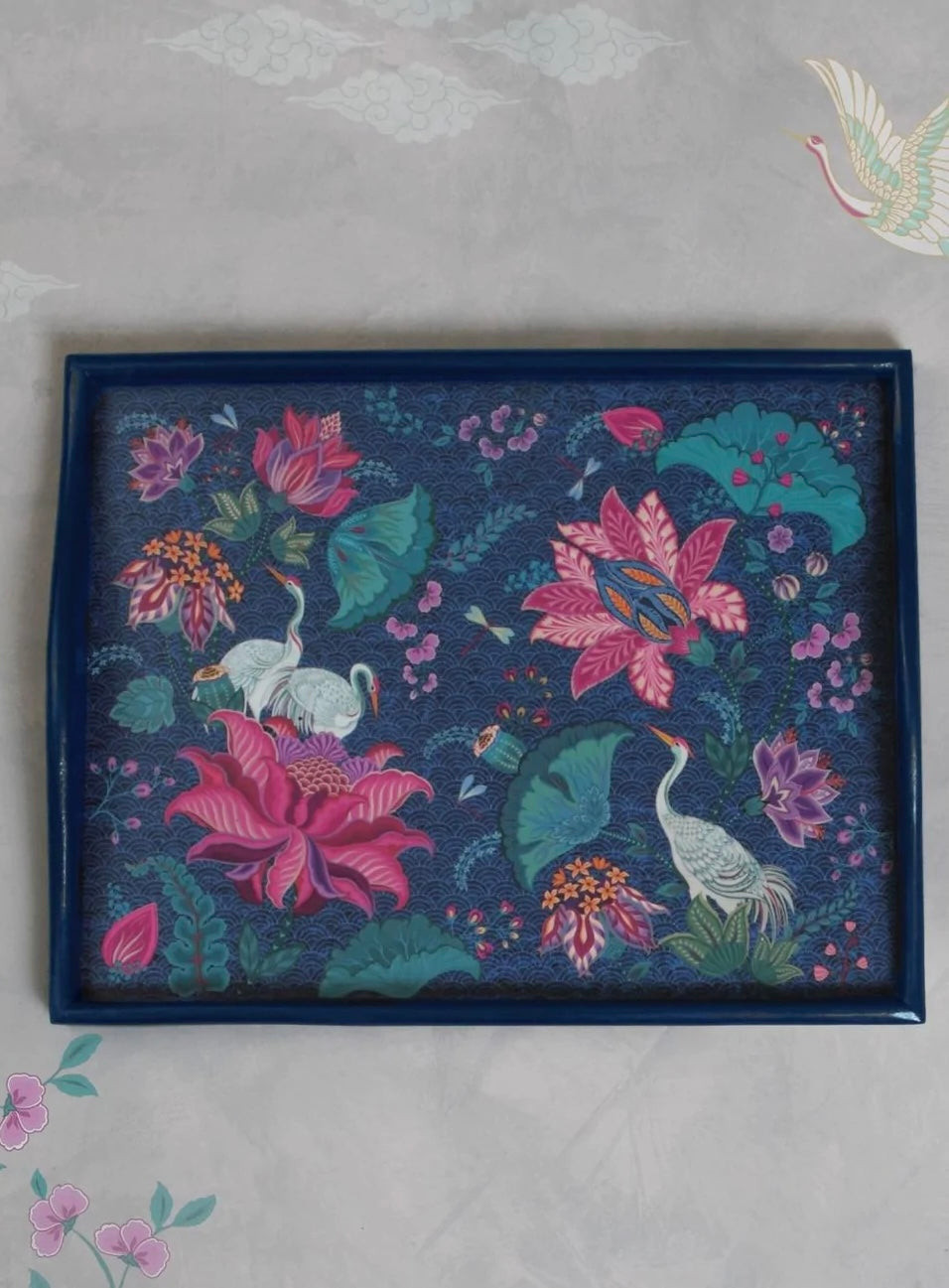 Navy Blue Wooden Tray - Swans & Dragonflies