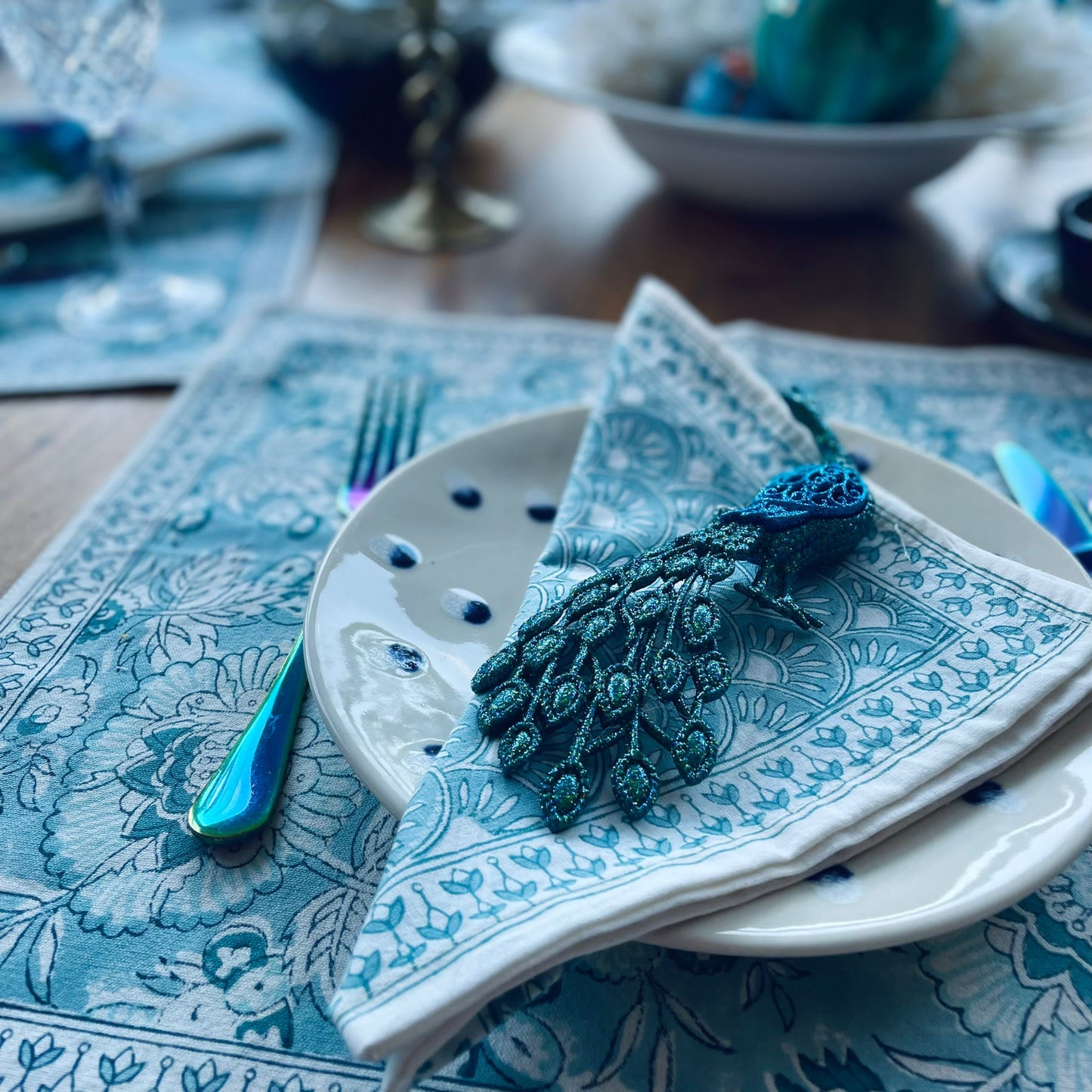Block Printed Cotton Table Mat in Blue Jaipur Flowers