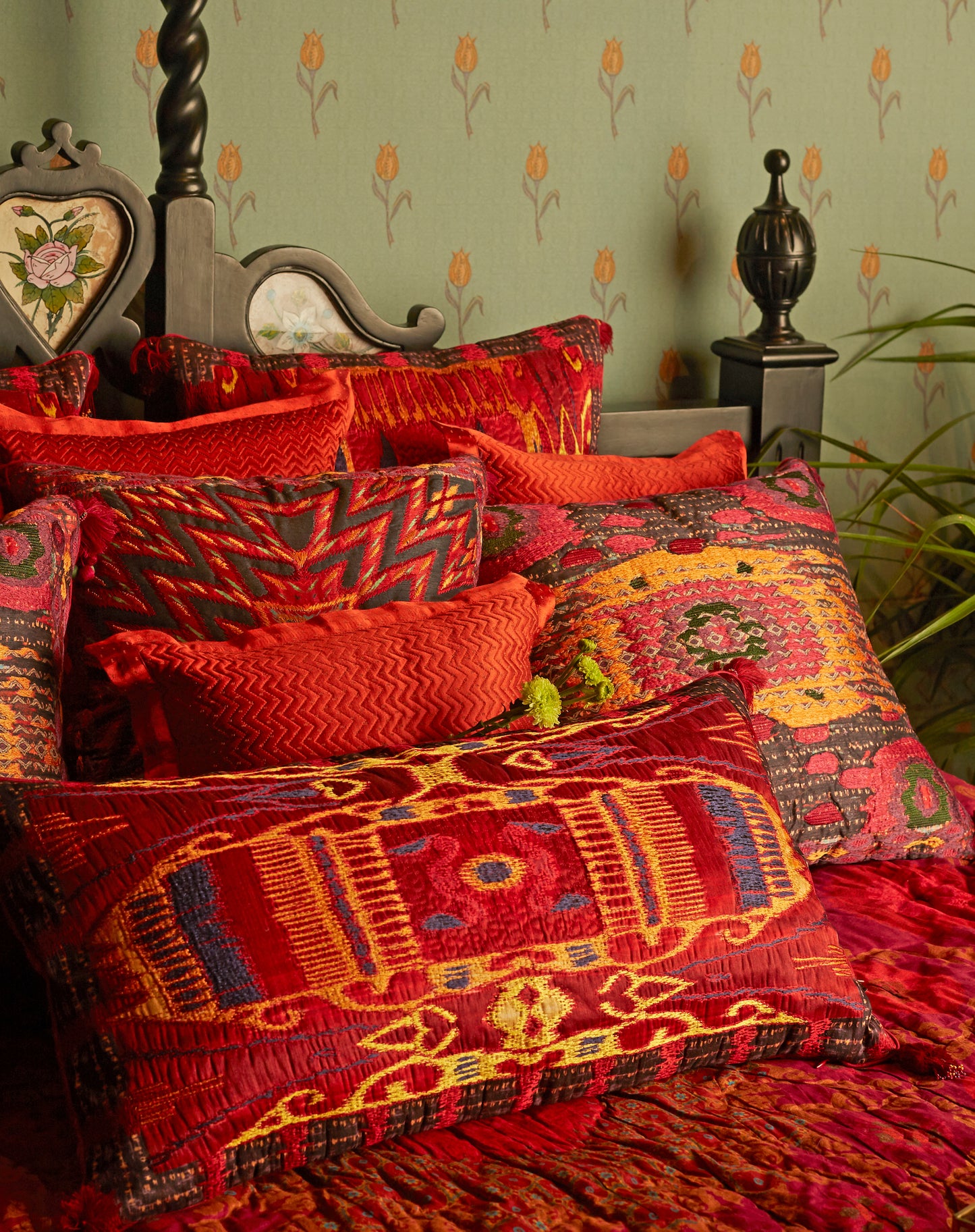 Ikat Cushion Bolster in Red Mysore Silk