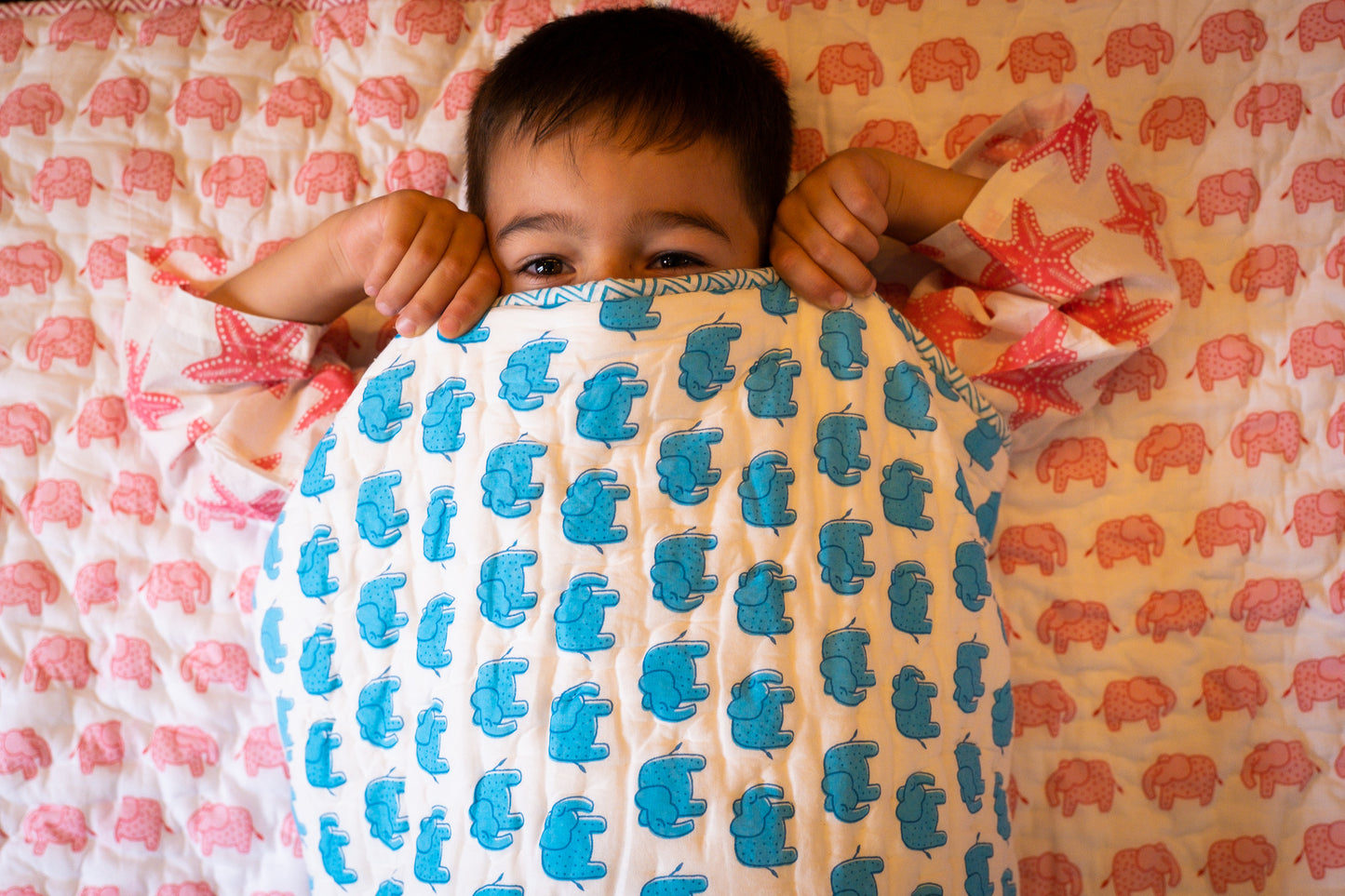 Kids Cotton Quilt in Blue Elephant Print