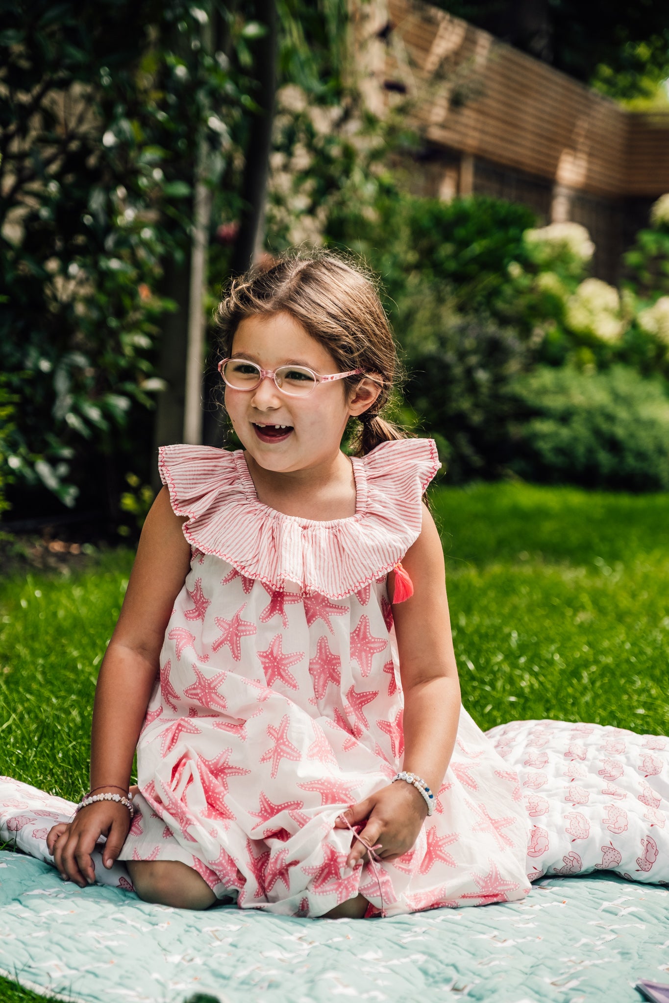 Kids Cotton Dress in Pink Starfish print
