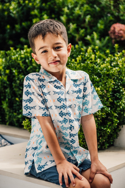 Kids Cotton Shirt in Blue & Aqua Fish Print