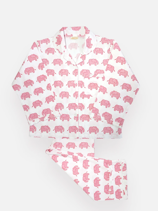 Girls Cotton Pyjamas in Pink Elephant Print