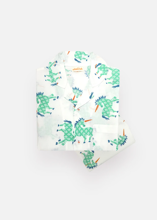 Kids Cotton Pyjamas in Green Unicorn Print