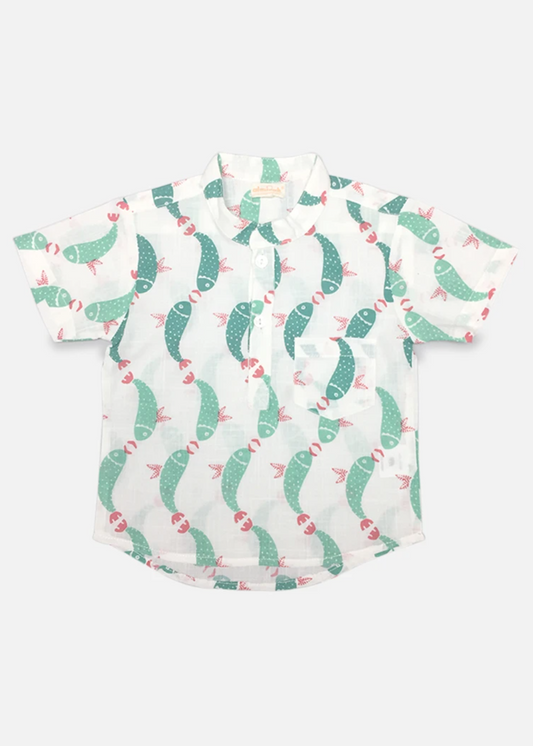 Boys Cotton Shirt in Green Acrofish Print
