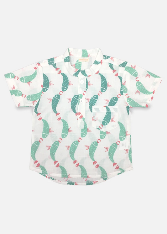 Kids Cotton Shirt in Green Acrofish Print