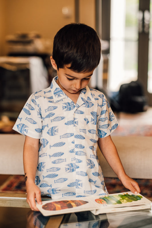 Kids Cotton Shirt in Ink Fish Blue Print