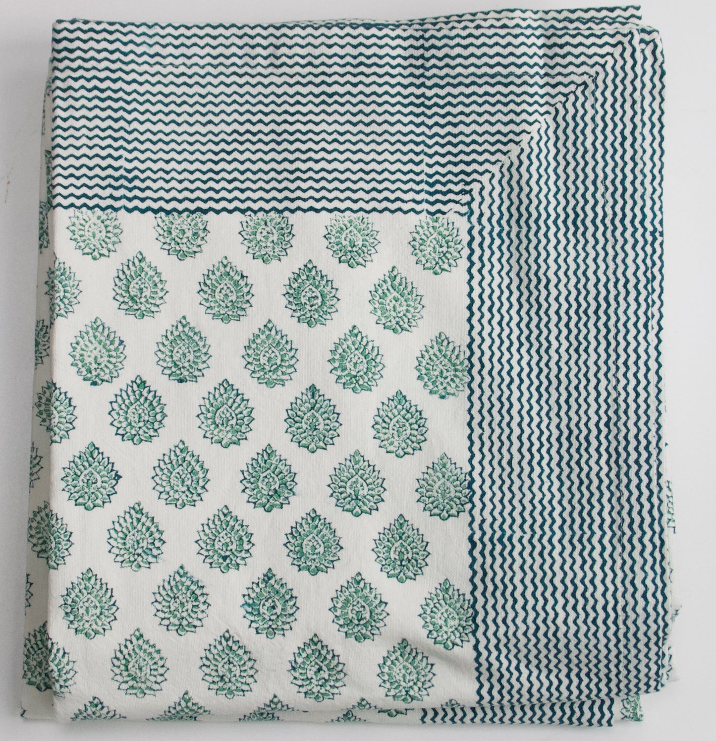 Extra Large Block Printed Cotton Tablecloth in Lotus Green